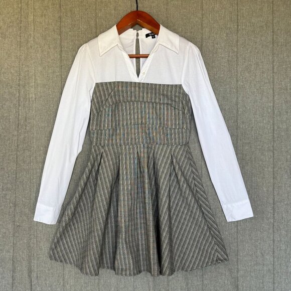 Trixxi Dresses & Skirts - Trixxi Gray Plaid White Long Sleeve Retro Fit and Flare Mini Shirt Dress Size XL